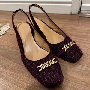 Ann Taylor Chain Tweed Cap Toe Block Heel Slingback Pumps size 8